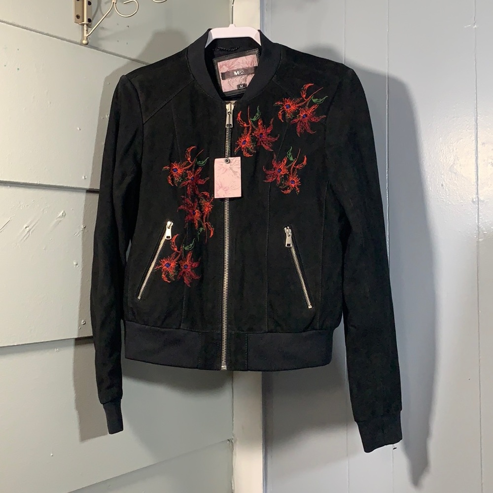 Andrew Marc Black Suede Jacket Floral Embroidery